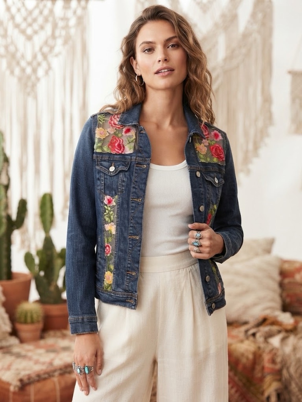 ✨ UPCYCLED Embroidered Floral Sheer Back Denim Jacket - Mesh Panels - Picture 3 of 10